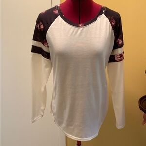 Moking Top Floral Accent Long Sleeve Top - White and Black